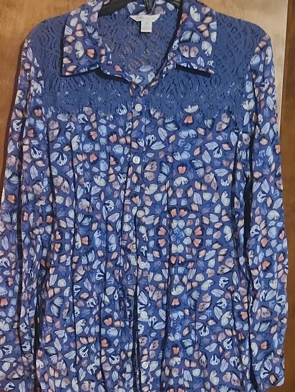 Cato Blue Floral Button-Front Top with Crochet Yoke
